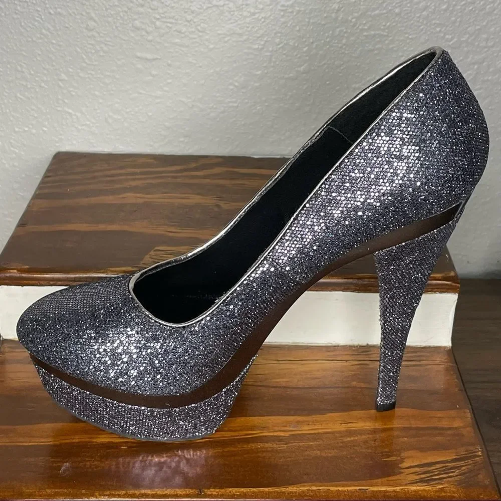 Promise Stiletto Platform Glitter Sparkly Steel Gray / Pewter High Heels Size 9
